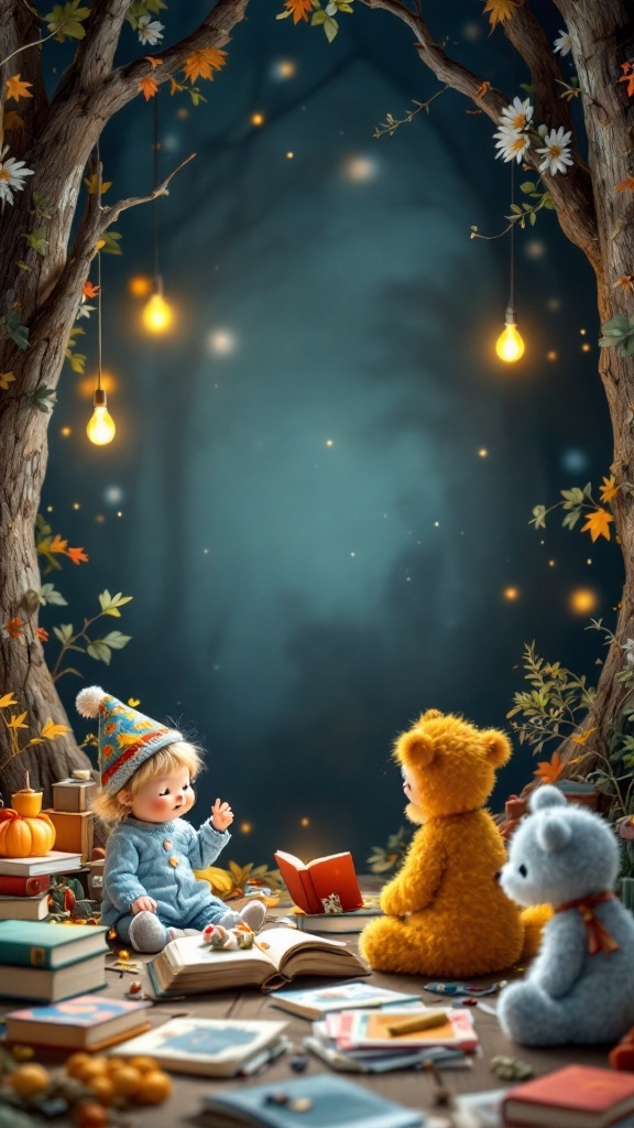 A child with toys seated among books and autumn decorations in a whimsical setting.