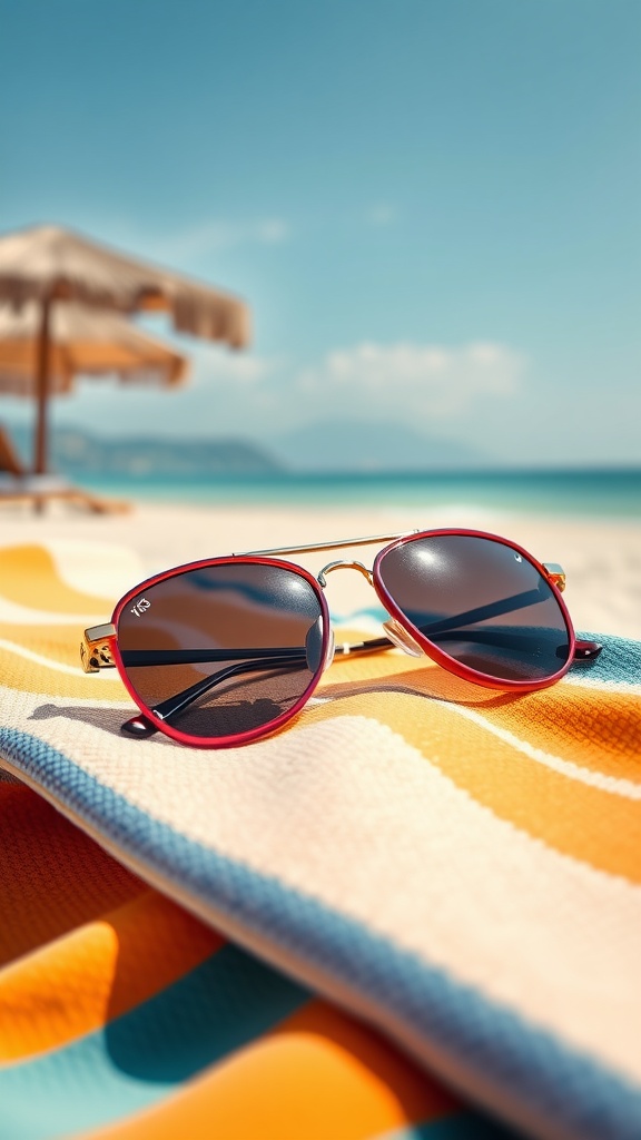 Stylish sunglasses resting on a colorful beach towel with a sunny background.