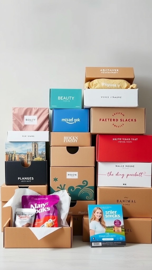 A variety of subscription boxes stacked together, showcasing different themes and contents.