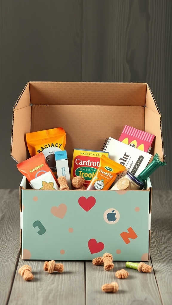 An open subscription box filled with various snacks and goodies, showcasing a variety of colorful items.