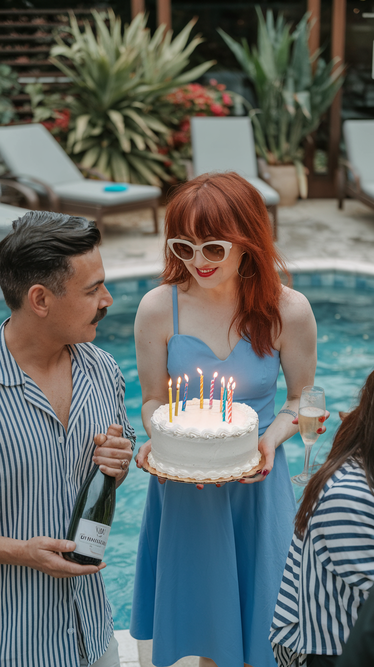 A woman in a blue dress and sunglasses holds a birthday cake with lit candles next to a man in a striped shirt holding a bottle, near a pool.