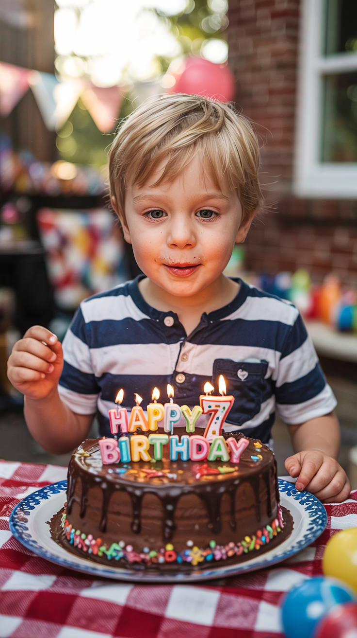 A young child with blonde hair smiles while looking at a chocolate birthday cake with lit candles spelling "HAPPY 7 BIRTHDAY." The child is wearing a striped shirt, and the scene is set outdoors with colorful balloons and bunting in the background.
