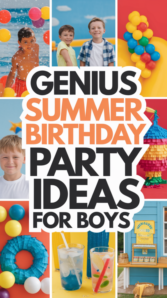 Colorful collage with kids having fun, balloons, a piñata, drinks, and a blue lemonade stand, overlaid with text reading "Genius Summer Birthday Party Ideas for Boys."