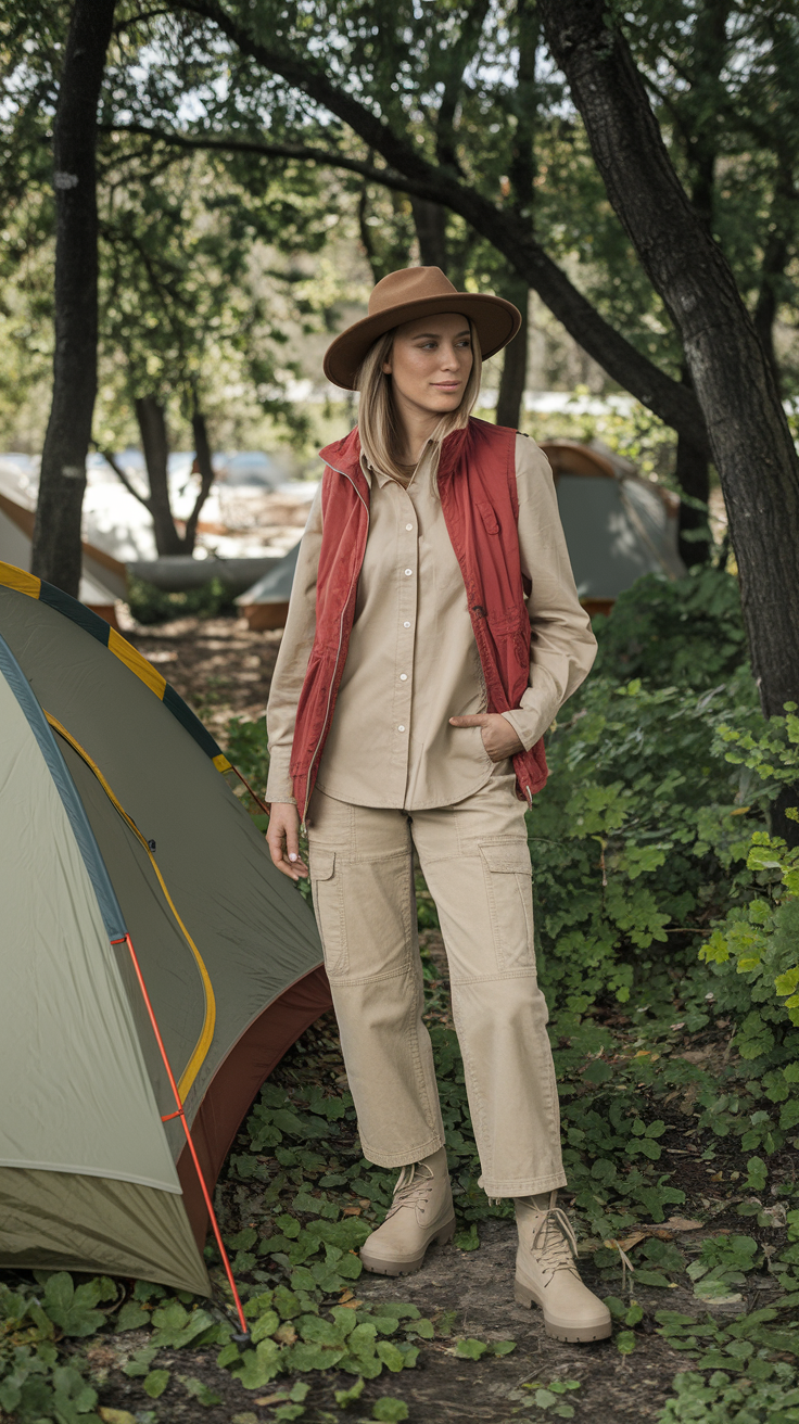 A person in outdoor clothing stands near a tent in a forest setting. They are wearing a beige button-up shirt, light brown cargo pants, a red vest, tan boots, and a brown hat, surrounded by green foliage and trees.