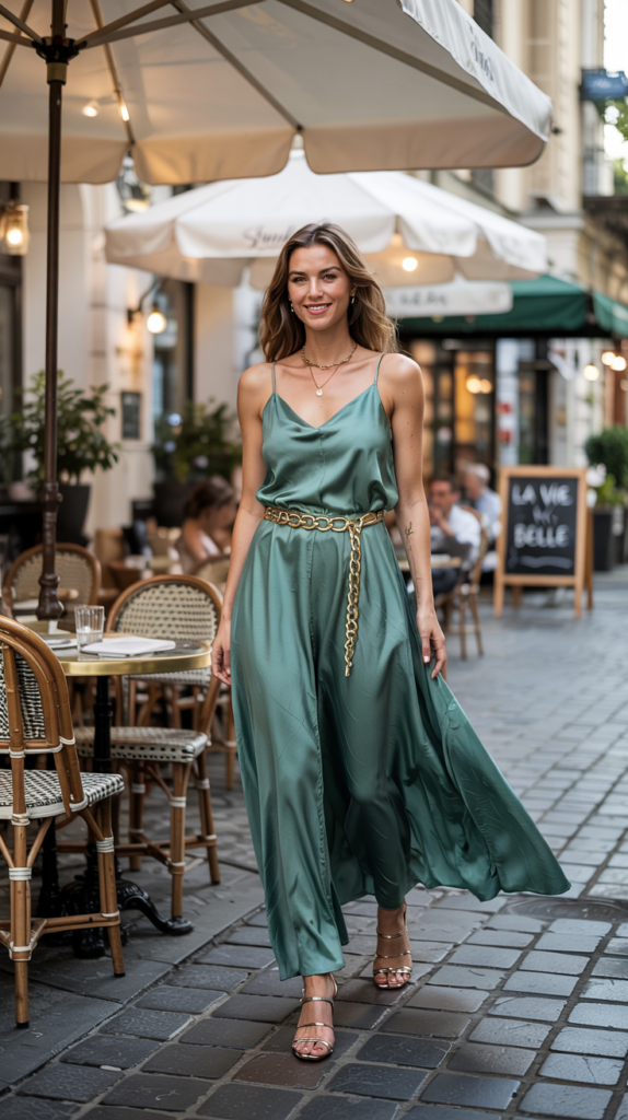 A woman in a teal satin dress walks confidently down a cobblestone street lined with cafe tables and chairs under large white umbrellas.