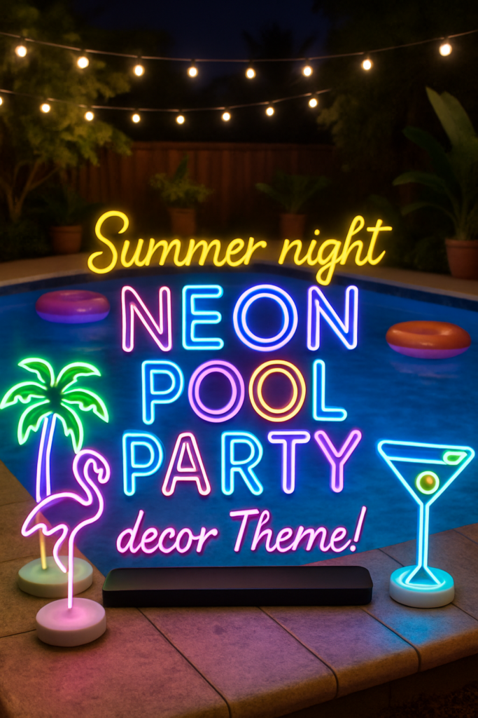 Neon signs reading "Summer night NEON POOL PARTY decor Theme!" with a pool and inflatable rings in the background.