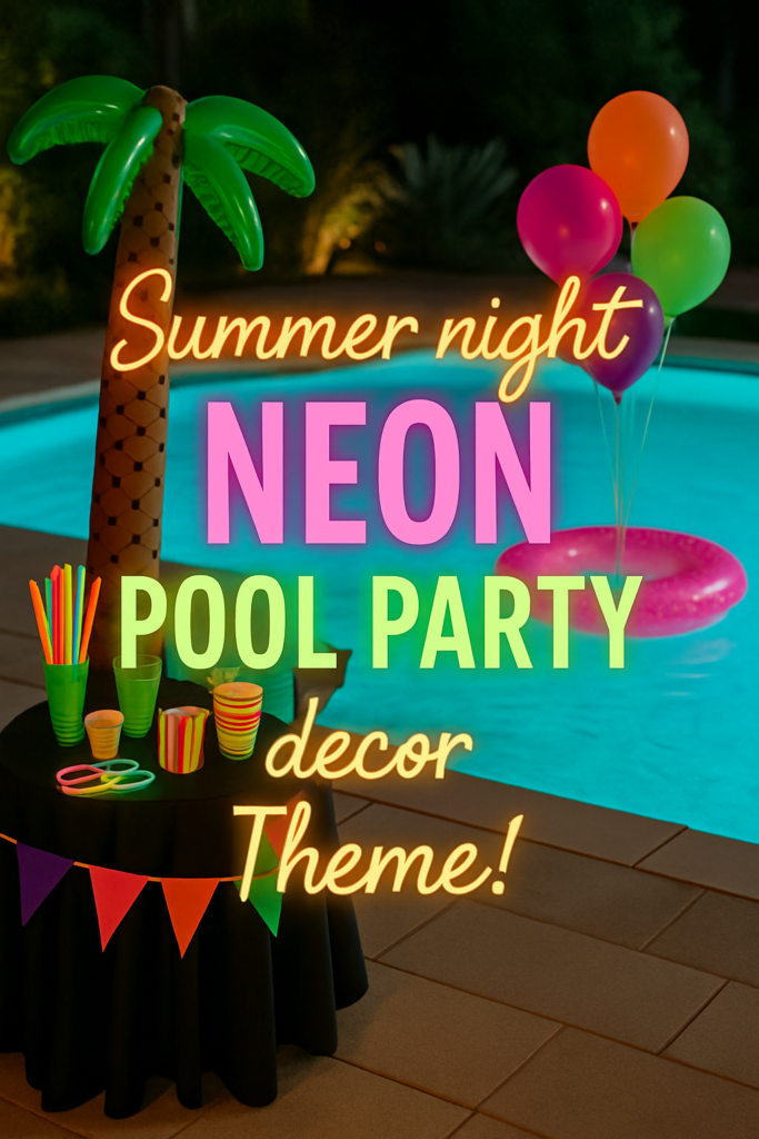 A poolside setup with neon-colored cups, straws, and balloons, featuring a blow-up palm tree and pool float under neon text "Summer night NEON POOL PARTY decor Theme!"