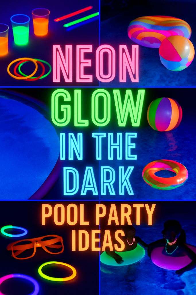 Various neon-colored items, like cups, glow sticks, and beach balls, set against a dark backdrop with the text "Neon Glow in the Dark Pool Party Ideas."