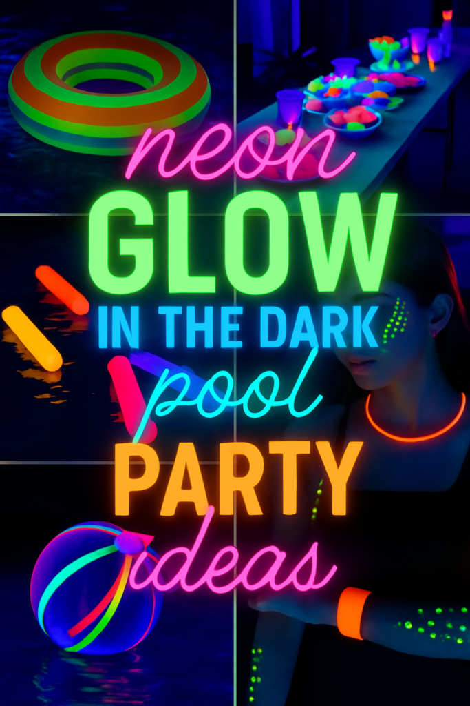 Neon glow-in-the-dark pool party ideas, featuring vibrant accessories and glowing decorations.
