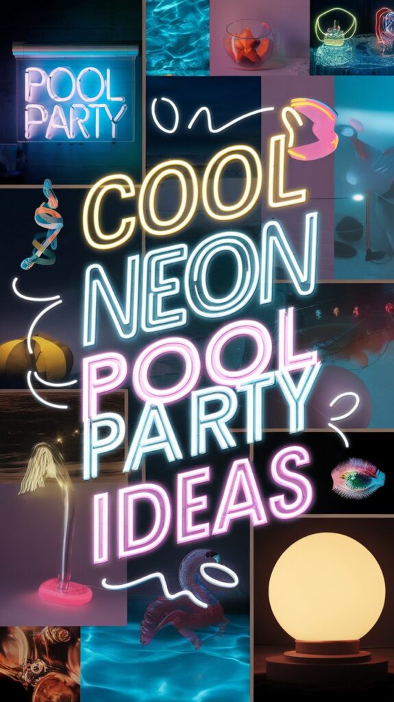 Neon text reading "Cool Neon Pool Party Ideas" with various colorful, glowing pool-themed images surrounding it.