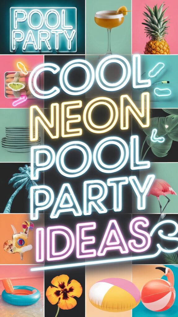 Neon text reads "Cool Neon Pool Party Ideas" surrounded by images of drinks, fruit, and pool floats.