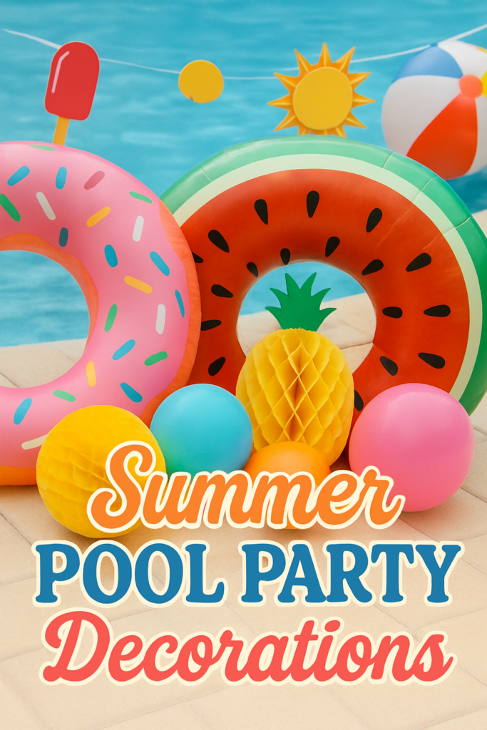 Colorful inflatable pool floats and balloons with text: "Summer Pool Party Decorations."