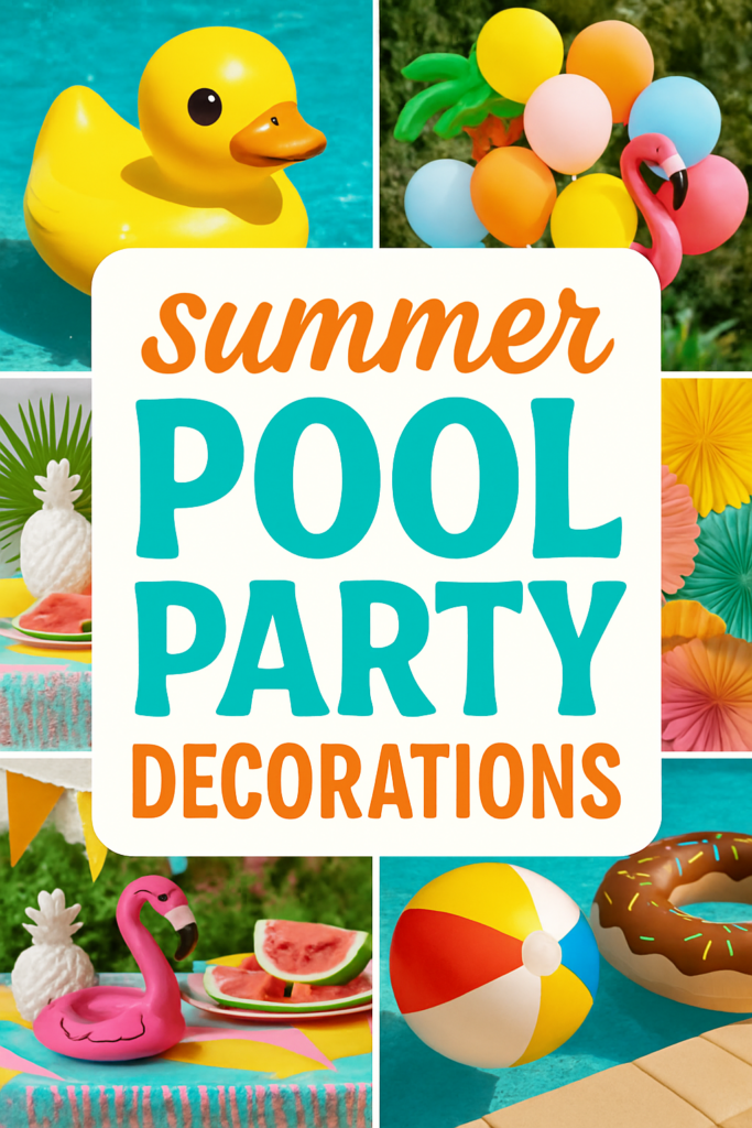 Collage of summer pool party decorations including a rubber duck, balloons, flamingo, pineapples, beach ball, and pool float.