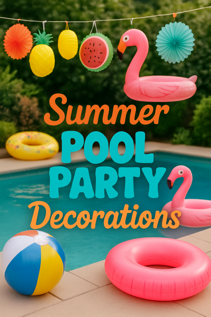 Colorful summer pool decorations with inflatable flamingos, a beach ball, and paper lanterns around a pool.