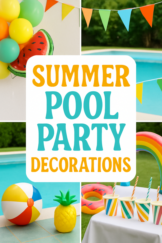 Colorful summer pool party decorations with balloons, bunting, a beach ball, pineapple, and striped cups by a poolside.