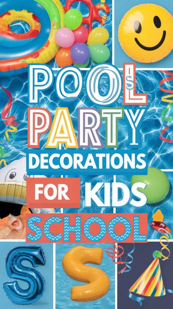 Colorful pool party decorations with balloons, inflatables, and a smiling face balloon surrounding playful text.