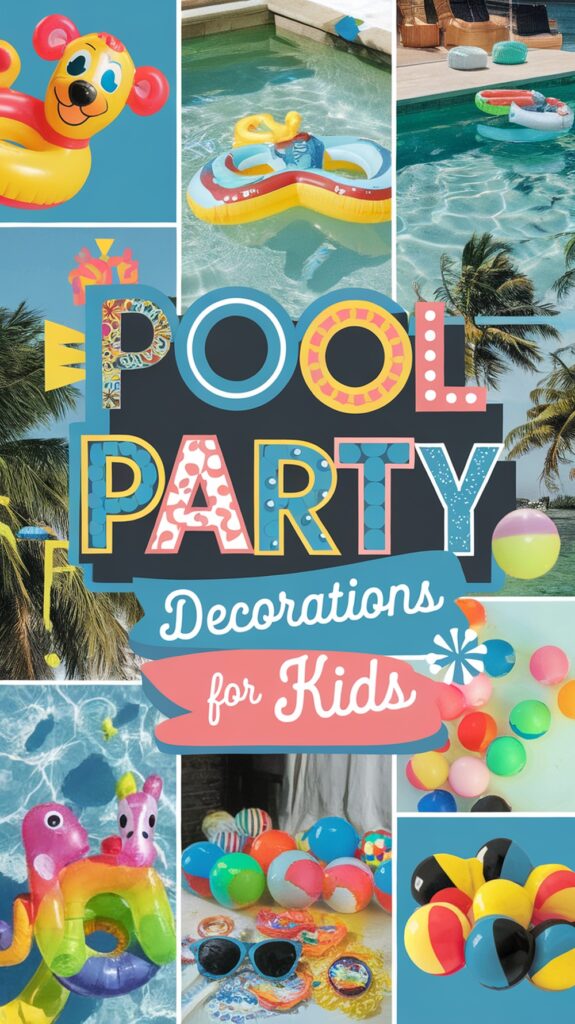 Colorful pool party inflatables and decorations surrounding text that reads "Pool Party Decorations for Kids."