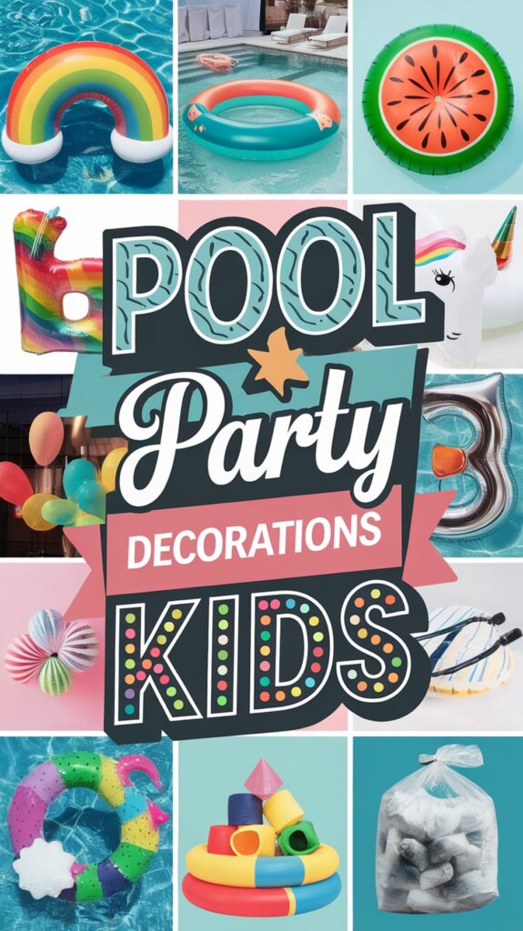 Colorful poster featuring pool floats like donuts and unicorns, with text: "Pool Party Decorations Kids."