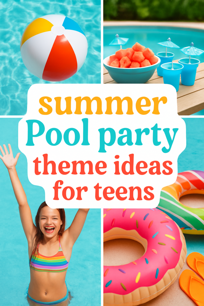 Collage with a beach ball, watermelon in cups, a girl in a pool, and pool floats with text: "Summer Pool party theme ideas for teens."