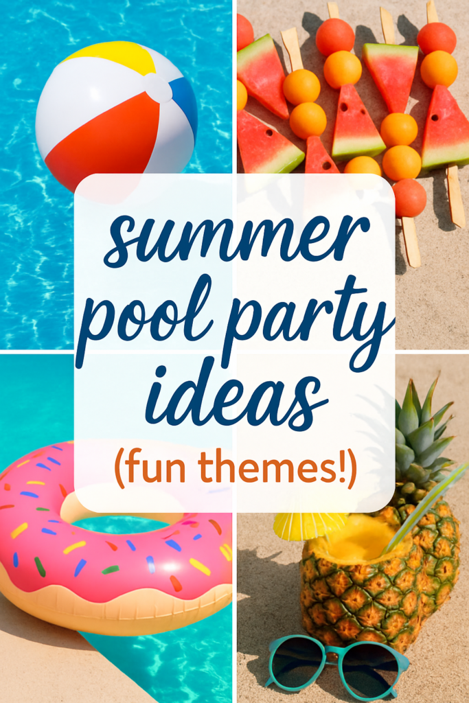 A collage with a beach ball, watermelon skewers, a donut float in a pool, and a pineapple drink, all with "summer pool party ideas" text.