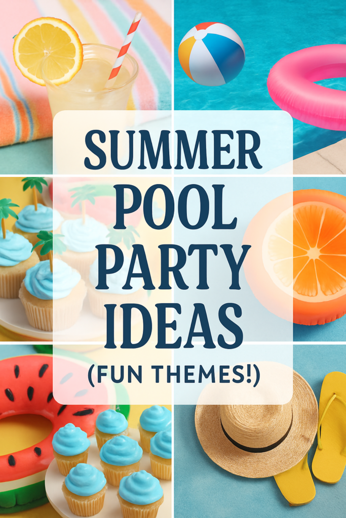 A collage featuring colorful pool party items like cupcakes, inflatable toys, and summer accessories with the text "Summer Pool Party Ideas (Fun Themes!)."