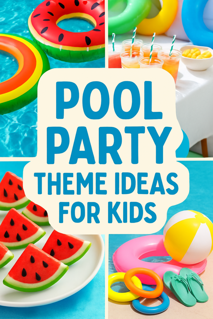Collage of colorful pool floats, refreshing drinks, watermelon slices, and a beach ball with text: "Pool Party Theme Ideas for Kids."