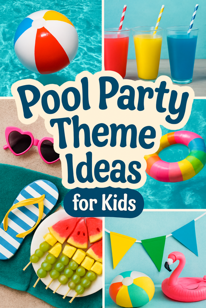 Colorful pool party theme ideas for kids, featuring a beach ball, drinks, sunglasses, float, watermelon snacks, and bunting.