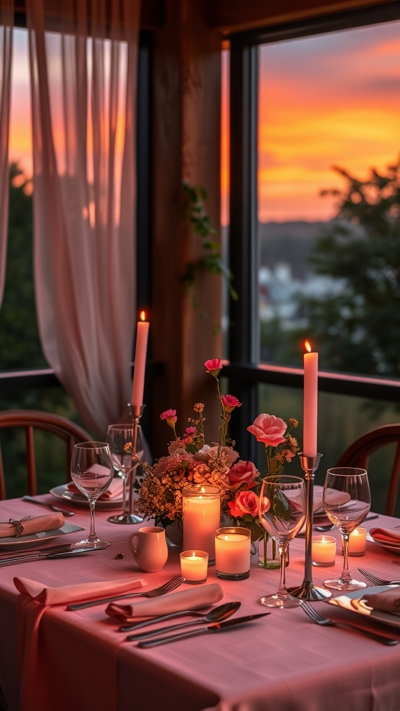 A romantic dinner table set for two with pink tablecloth, floral centerpiece, candles, and sunset view through large windows.
