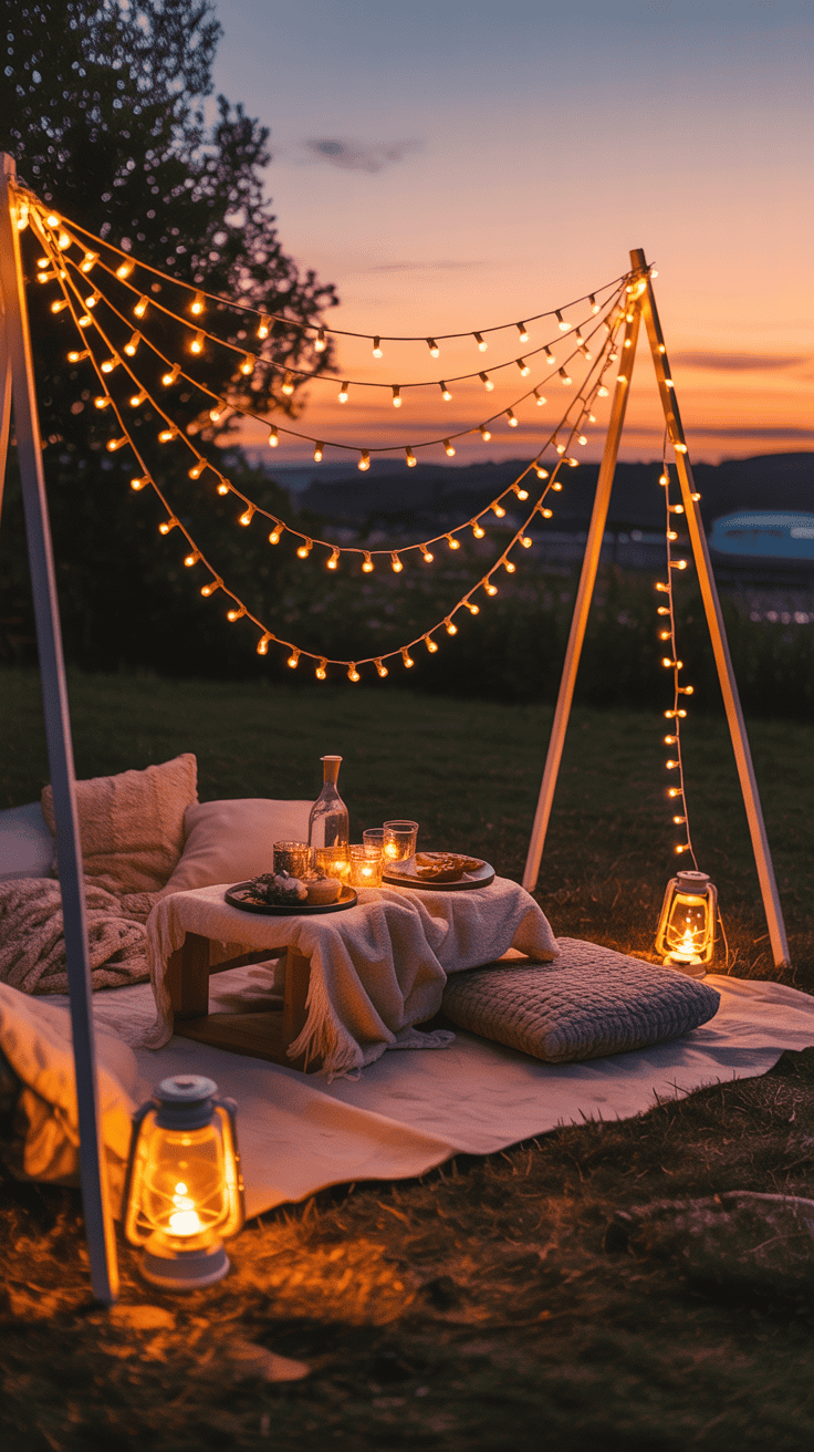 Sunset Picnic Date Aesthetic with String Lights