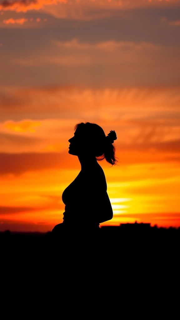 A woman's silhouette against a colorful sunset sky.