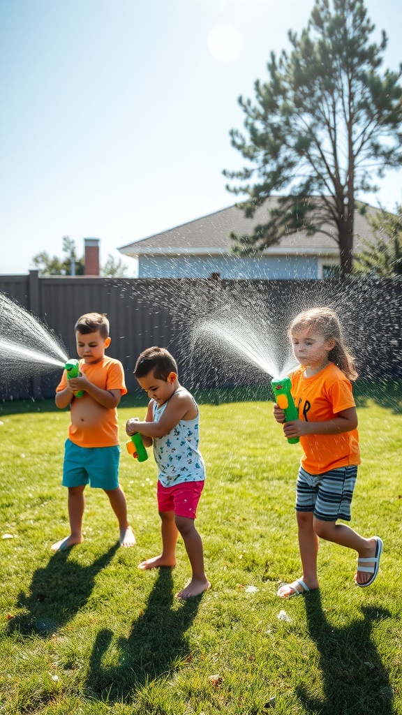 Three children playing with water guns on a sunny day in a backyard, with grass and a fence in the background.