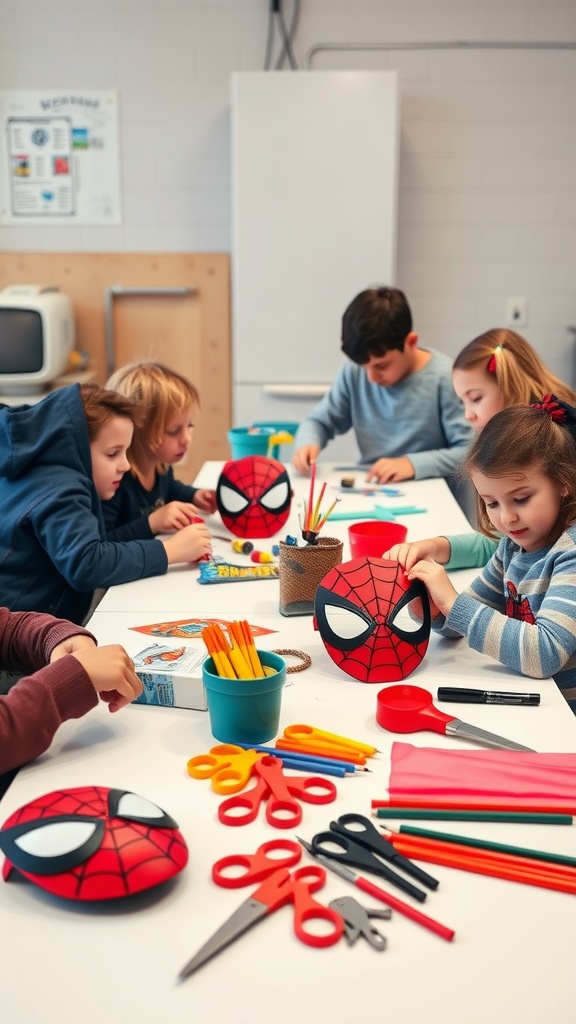 Children making Spider-Man masks at a craft station.