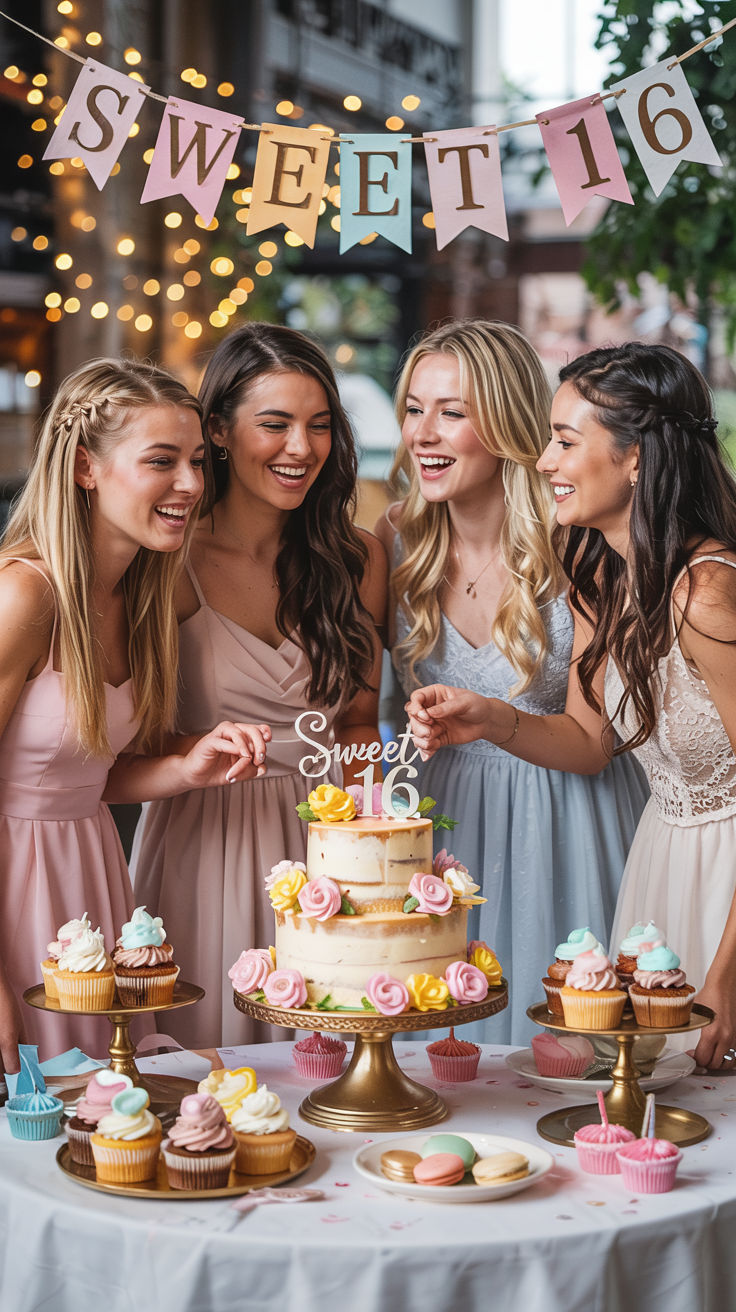 Four young women celebrating a sweet 16 birthday party, standing around a table with a decorated cake featuring a "Sweet 16" topper and colorful cupcakes arranged on golden stands, while a "SWEET 16" banner hangs above them.