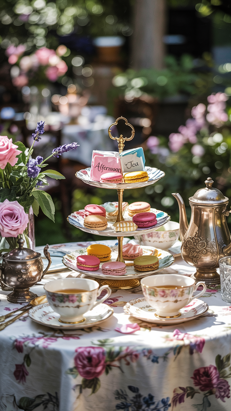 An elegant afternoon tea setup featuring a tiered stand with colorful macarons, vintage teapot and cups, and pink roses on a floral-patterned tablecloth, set in a garden environment.