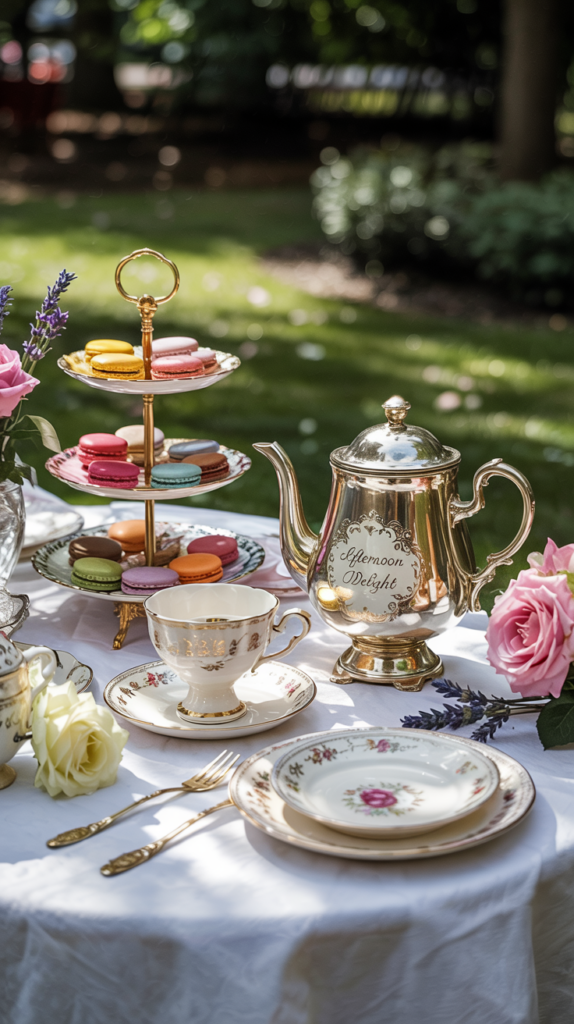 A decorative outdoor tea setting featuring a silver teapot labeled "Afternoon Delight," a tiered stand with assorted colorful macarons, and elegant floral china plates and teacups on a white tablecloth, surrounded by pink and white roses.