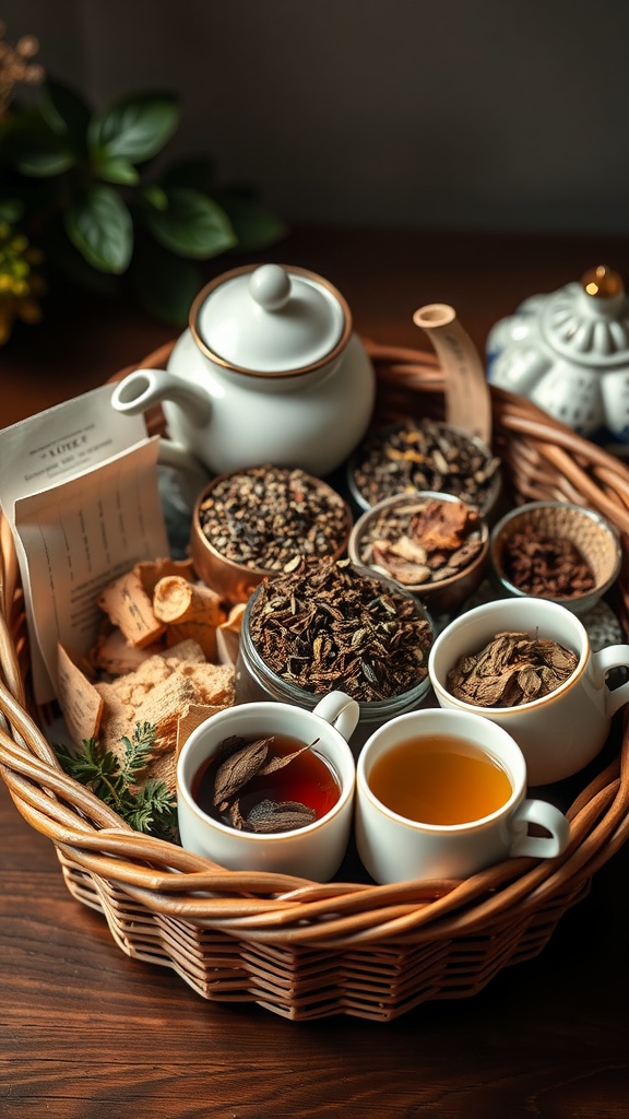 A beautifully arranged gift basket featuring various teas, cups, and a teapot.