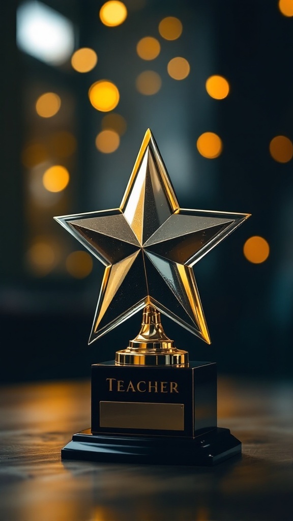A golden star trophy with the word 'TEACHER' engraved on it, sitting on a table with a blurred background.