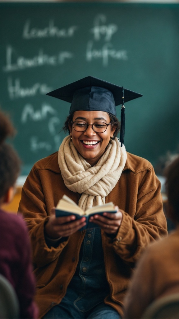 A smiling teacher with a graduation cap reads a book to students in a classroom.