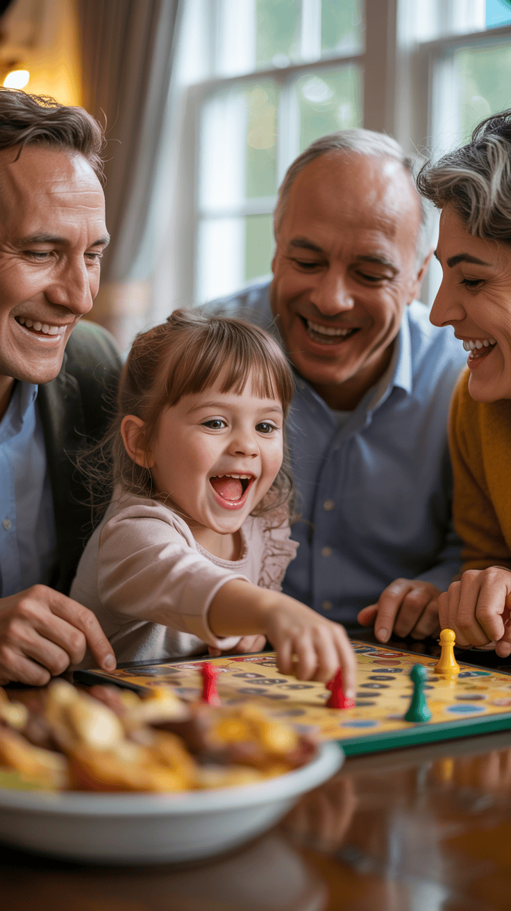A happy family sits around a table playing a board game, with a young girl excitedly moving a piece on the board, and three adults smiling and watching her.