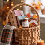 A wicker basket on a wooden stool, containing books, a jar of jam, autumn leaves, and a plaid scarf, with an orange candle and acorns nearby, set in a cozy indoor autumn scene.