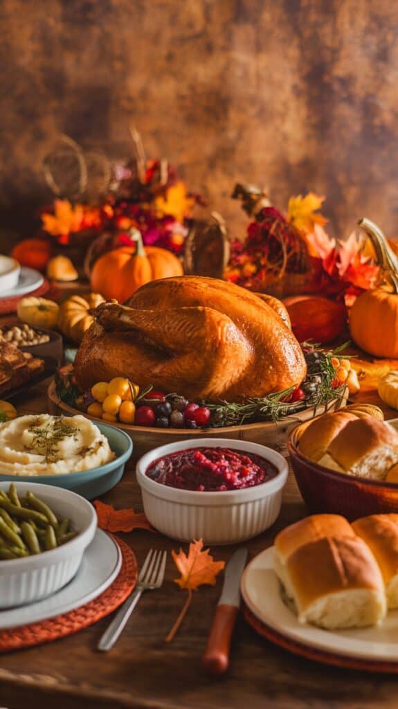 A Thanksgiving table with a roasted turkey centerpiece surrounded by dishes of mashed potatoes, cranberry sauce, green beans, and bread rolls, adorned with autumn leaves and pumpkins.