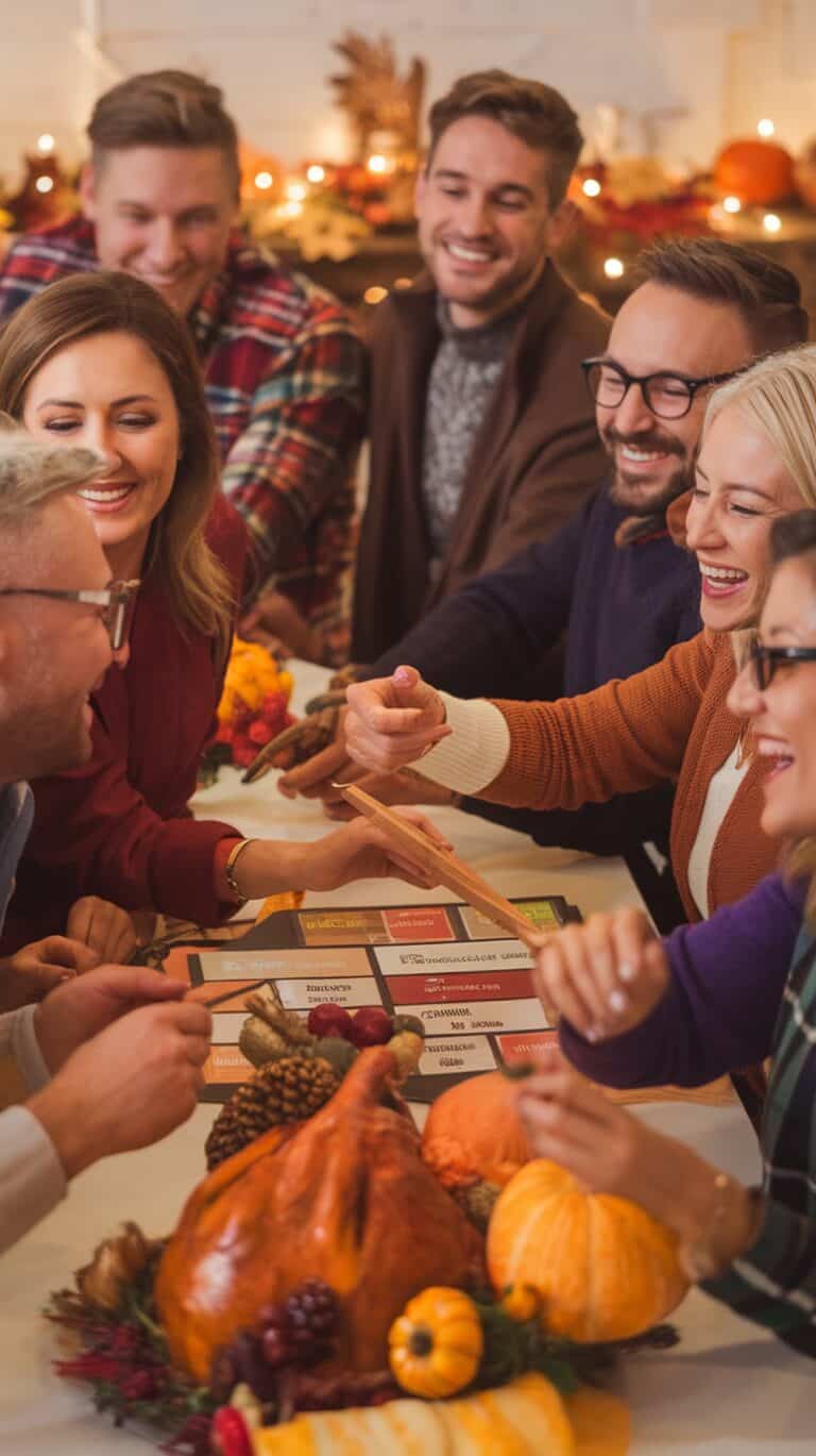 A group of people smiling and playing a board game around a dining table decorated with a Thanksgiving-themed centerpiece, including a turkey and pumpkins.