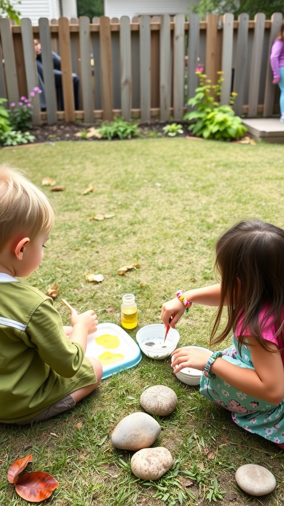 Two children sitting on the grass in a backyard, painting on paper plates with brushes. A wooden fence and some plants can be seen in the background.