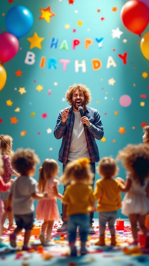 Children enjoying a musical performance at a birthday party with colorful decorations.