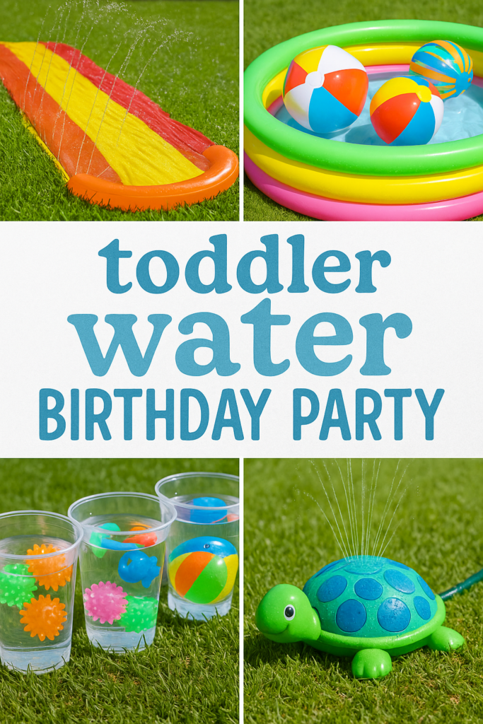 Collage of water birthday party items: slip-n-slide, inflatable pool with balls, cups with toys, and a turtle sprinkler.