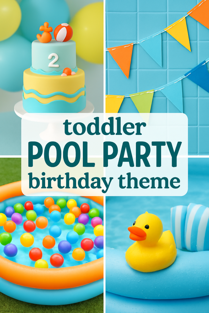 Toddler pool party birthday theme with cake, balloons, colorful balls, and a rubber duck in a pool.