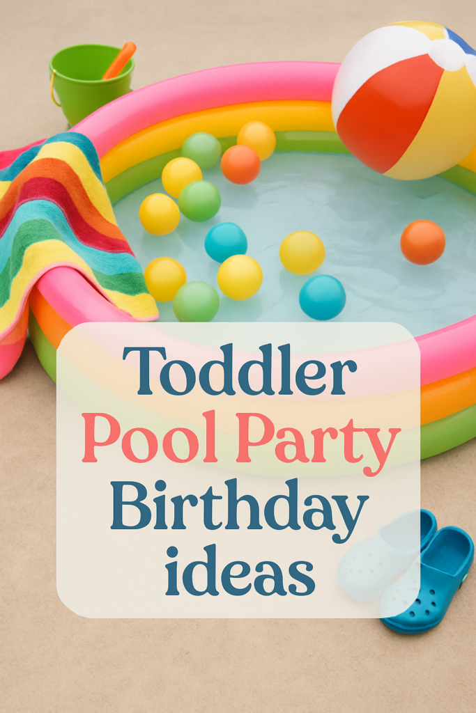 Inflatable kiddie pool with colorful balls, a beach ball, and a vibrant towel, alongside text: "Toddler Pool Party Birthday Ideas."