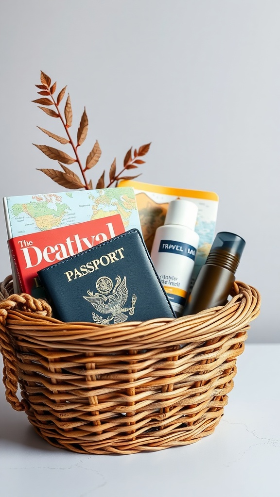 A gift basket containing a passport, travel guide, and toiletries.
