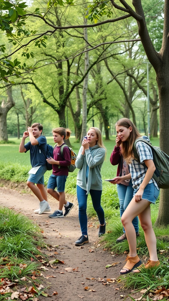 A group of teenagers participating in a treasure hunt in a green park.