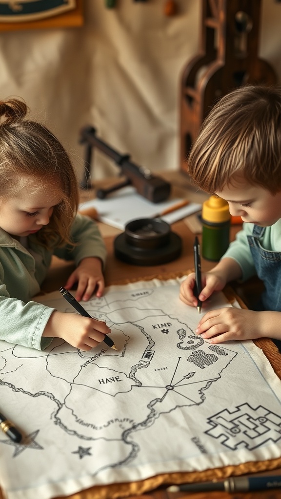 Two children drawing on a treasure map together.